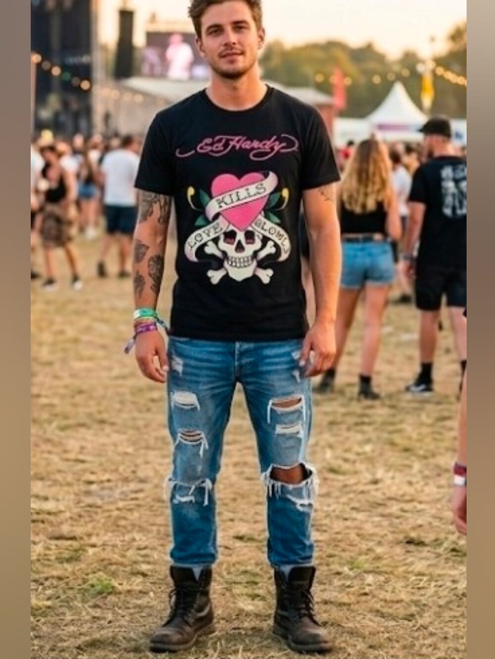 Ed Hardy Black Tee Dark Bikercore Gothic Festival Goth Heart & Skull Grunge Lg
